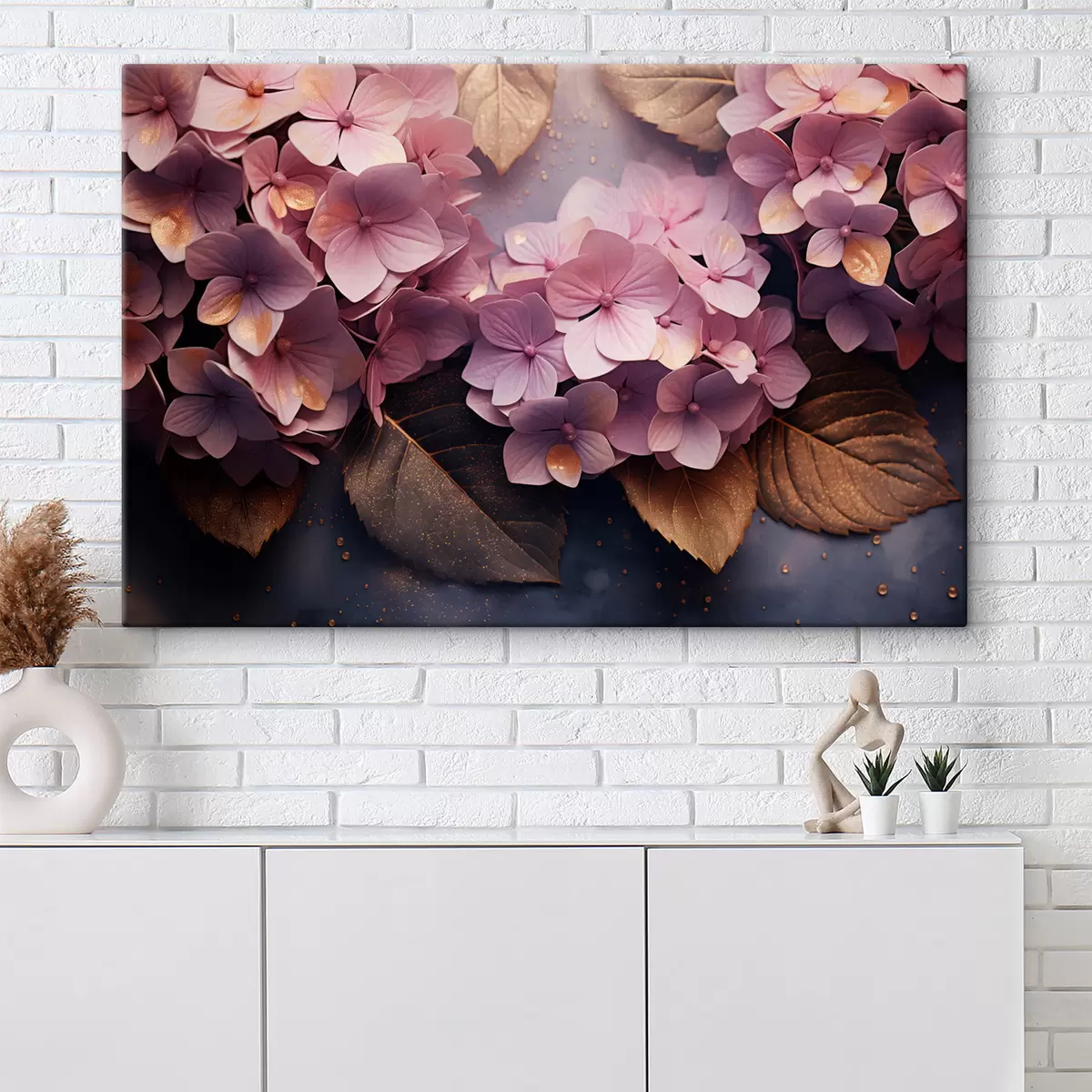  Schilderijen Weelderige roze hortensia's op een donkere achtergrond in schilderstijl s45054