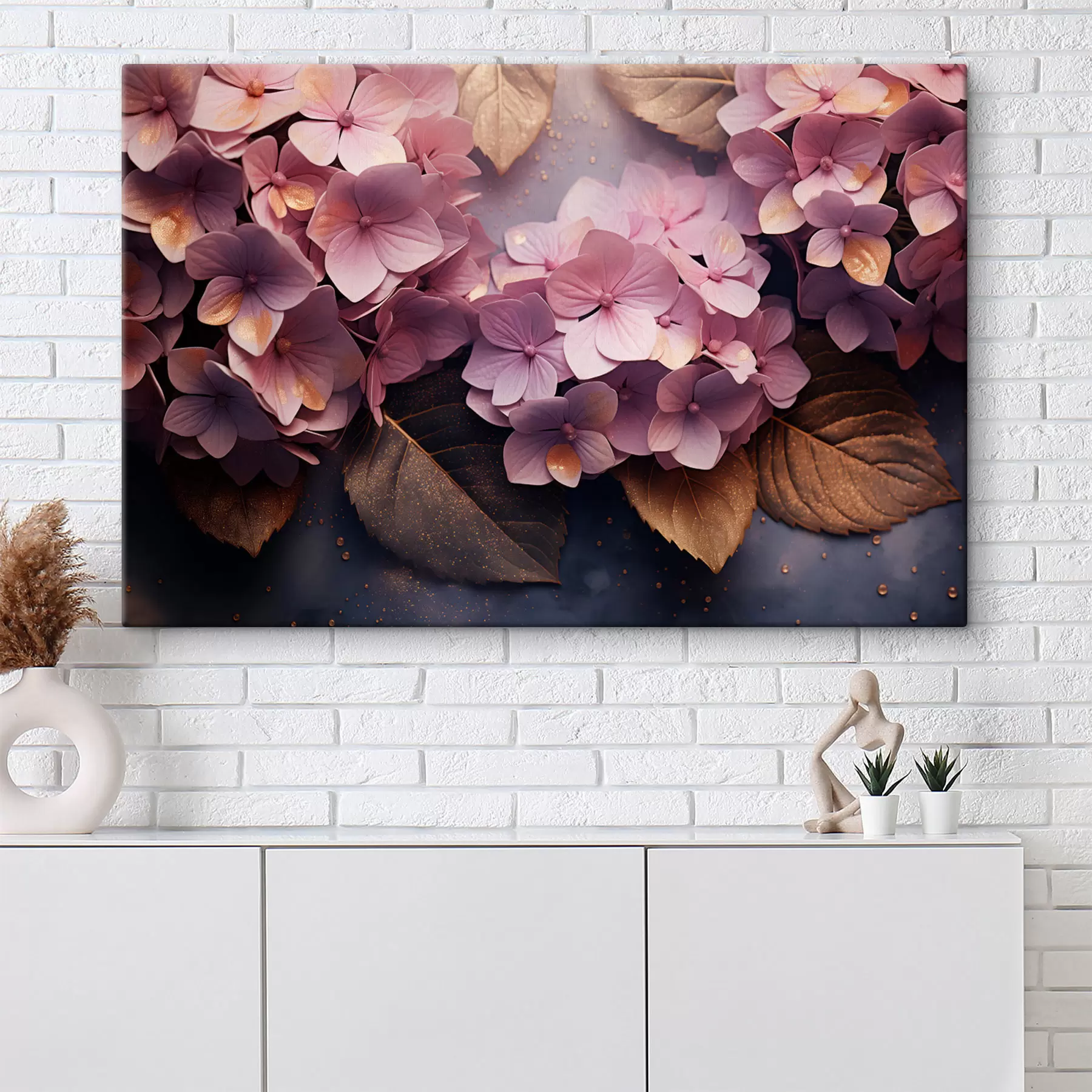  Schilderijen Weelderige roze hortensia's op een donkere achtergrond in schilderstijl s45054