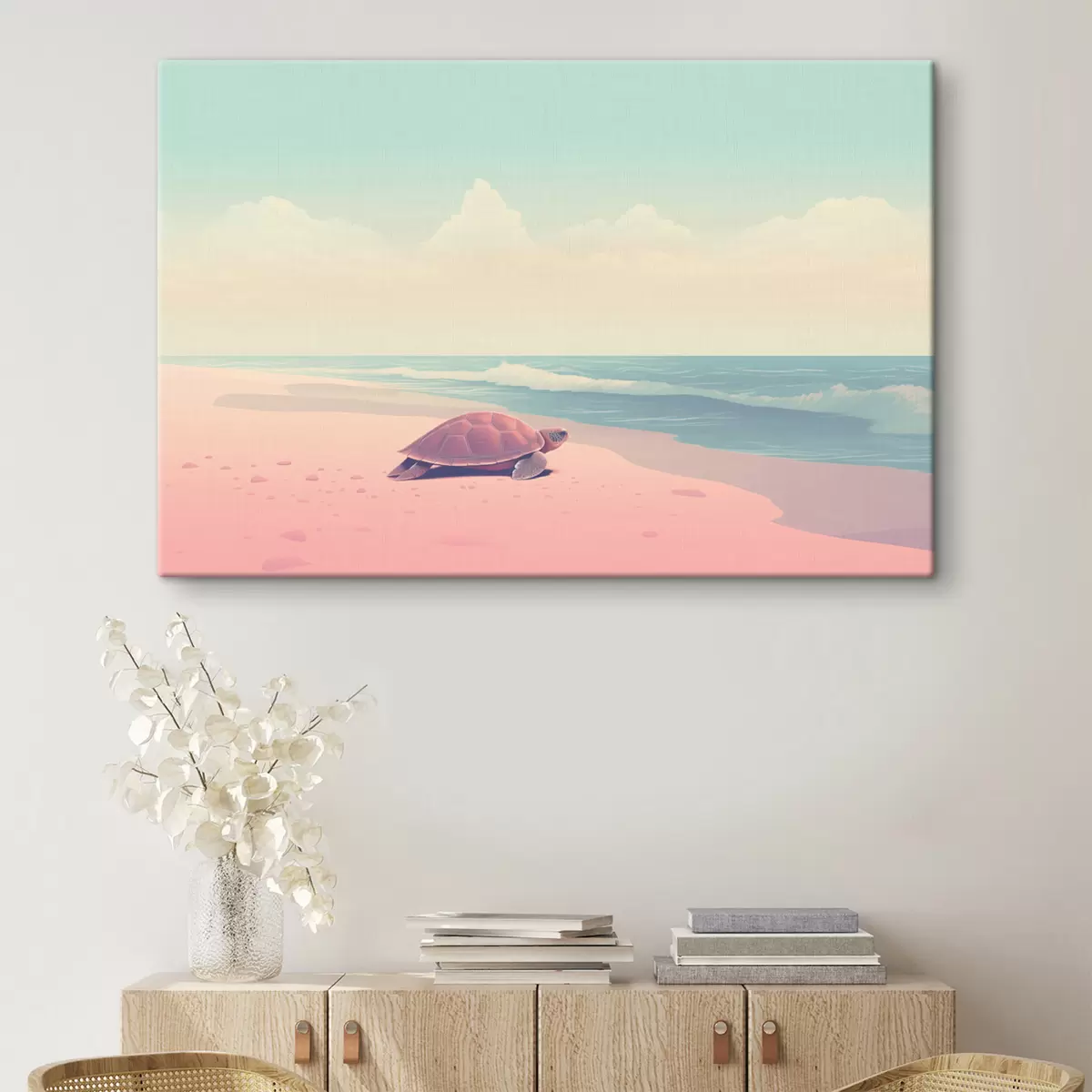  Schilderijen Zeeschildpad op een roze strand: minimalistisch landschap s45059