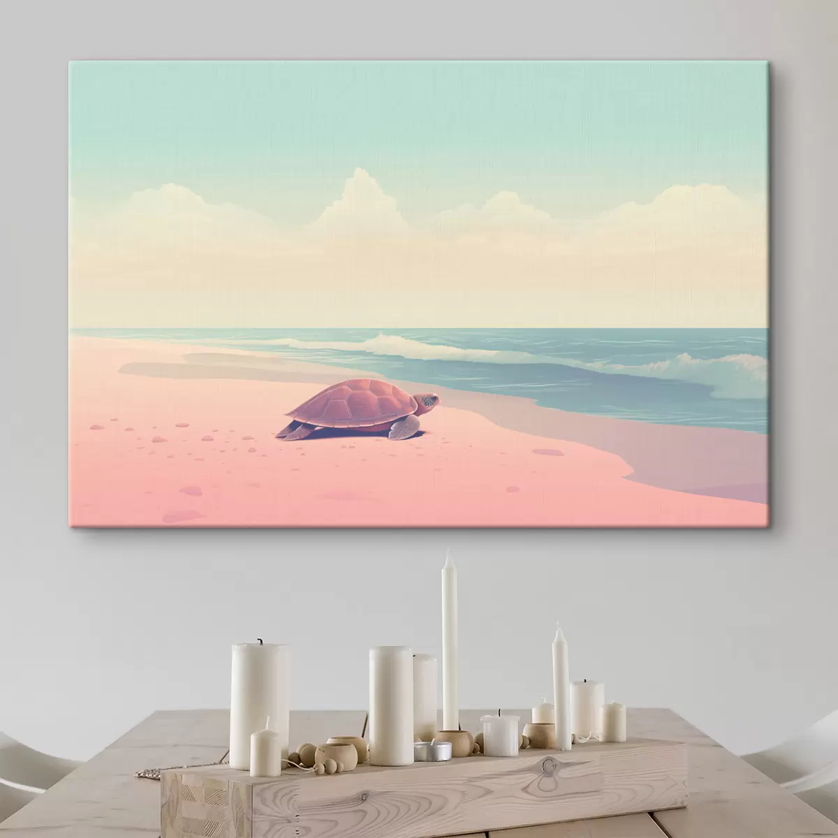  Schilderijen Zeeschildpad op een roze strand: minimalistisch landschap s45059