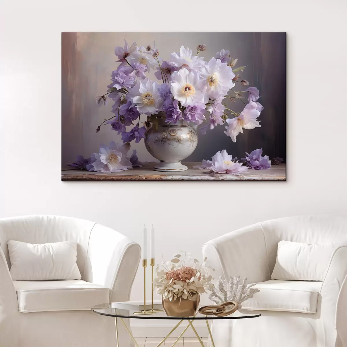  Schilderijen Bloemstilleven: witte en paarse bloemen in artistieke stijl s45058