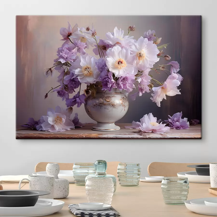  Schilderijen Bloemstilleven: witte en paarse bloemen in artistieke stijl s45058
