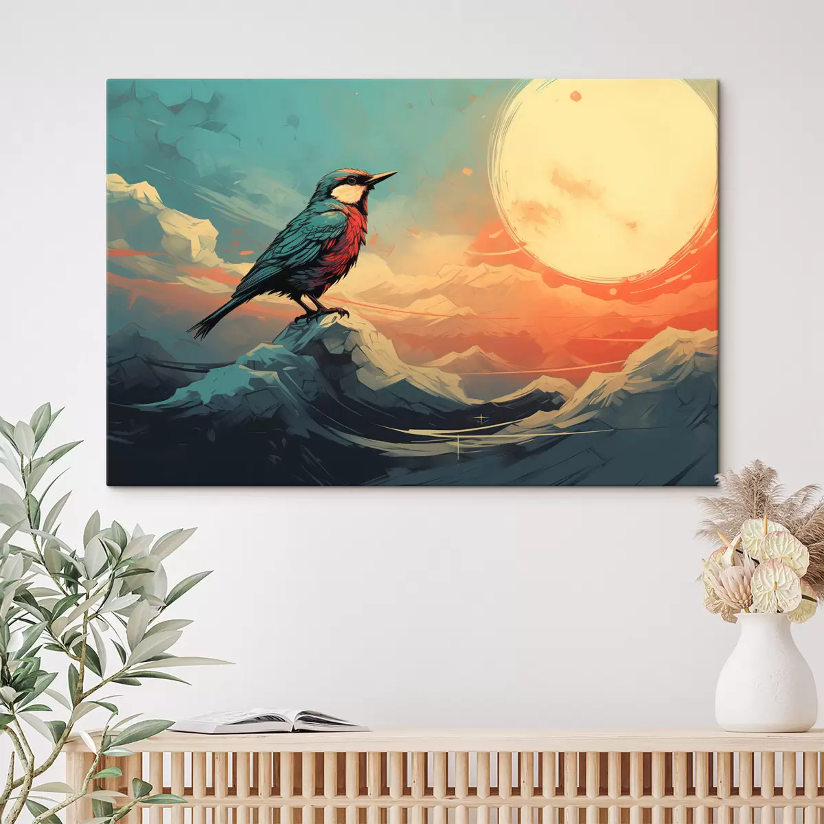  Schilderijen Artistiek landschap met vogel en levendige lucht s45060