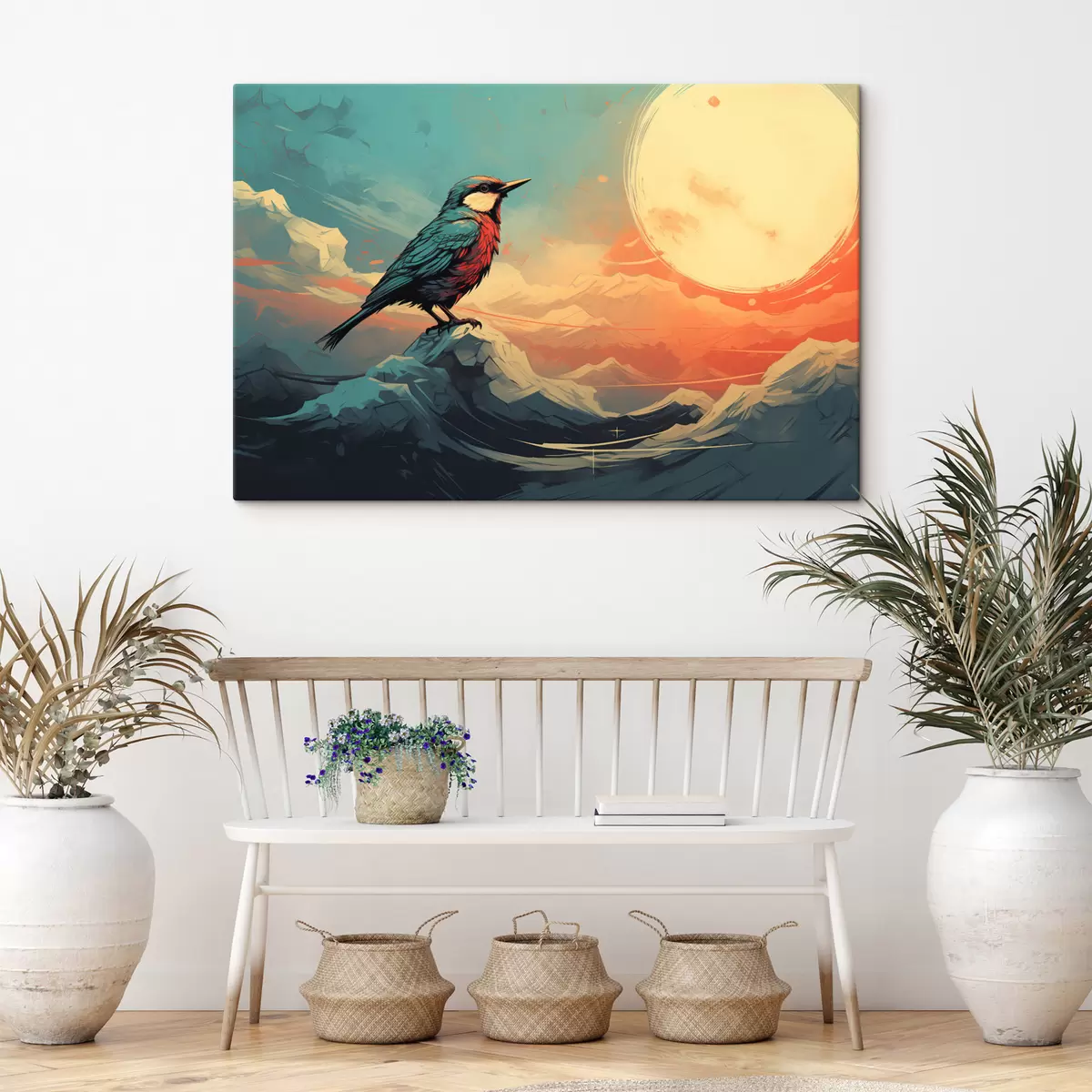  Schilderijen Artistiek landschap met vogel en levendige lucht s45060