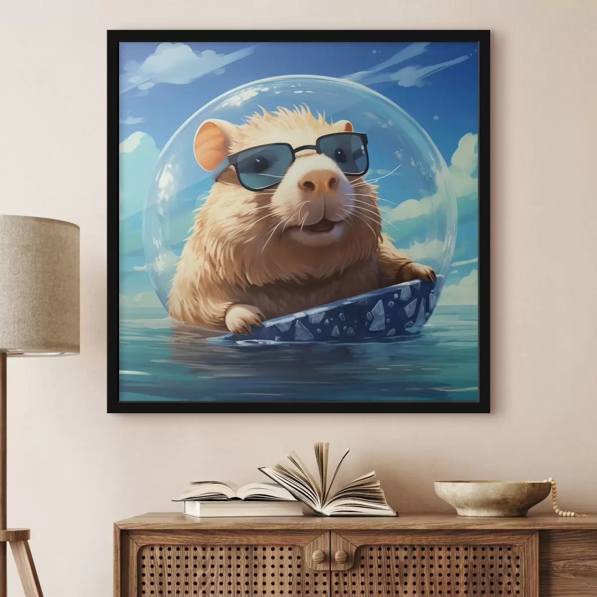 Poster Vrolijke capibara in een transparante bel op het water f45029