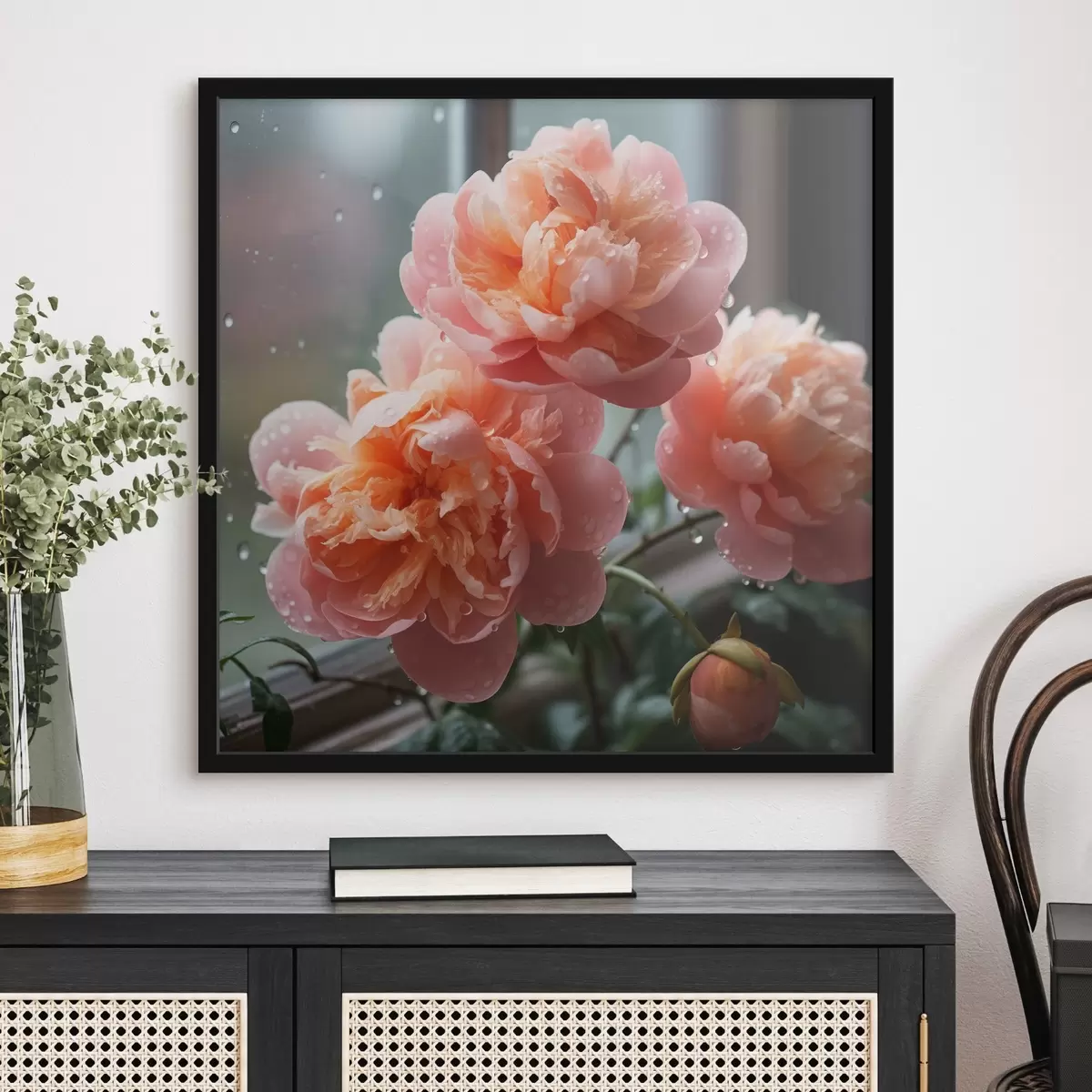 Poster Drie pioenrozen met dauw in ochtendlicht f45033