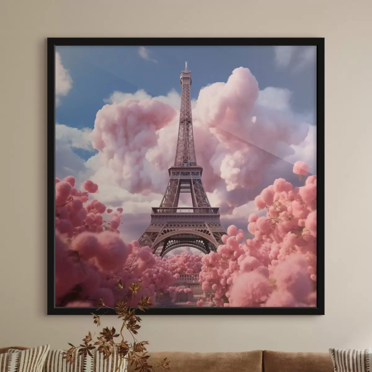 Poster Eiffeltoren in roze wolken in fantasiestijl f45036