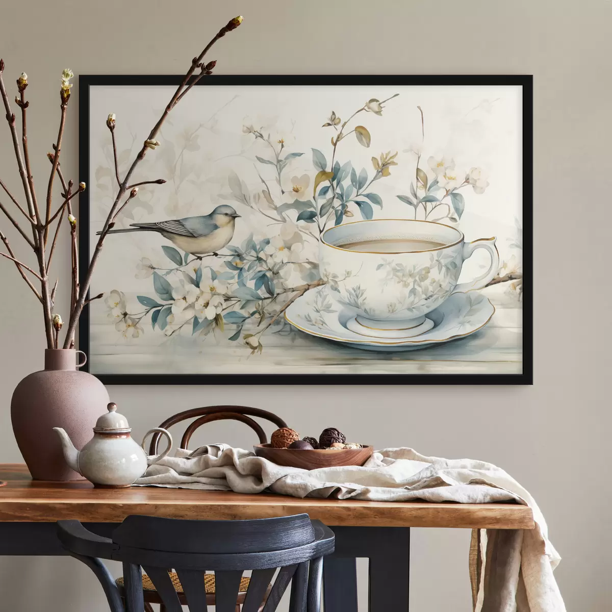 Poster Vogel op een tak met bloemen bij een kopje in pasteltinten f45047