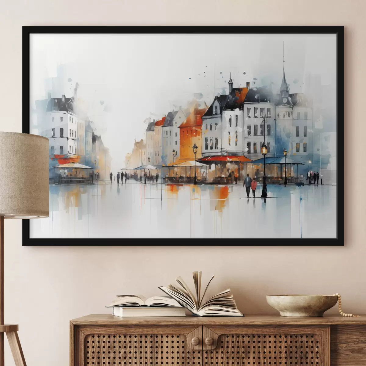 Poster Straatbeeld met gebouwen en mensen in artistieke stijl f45050