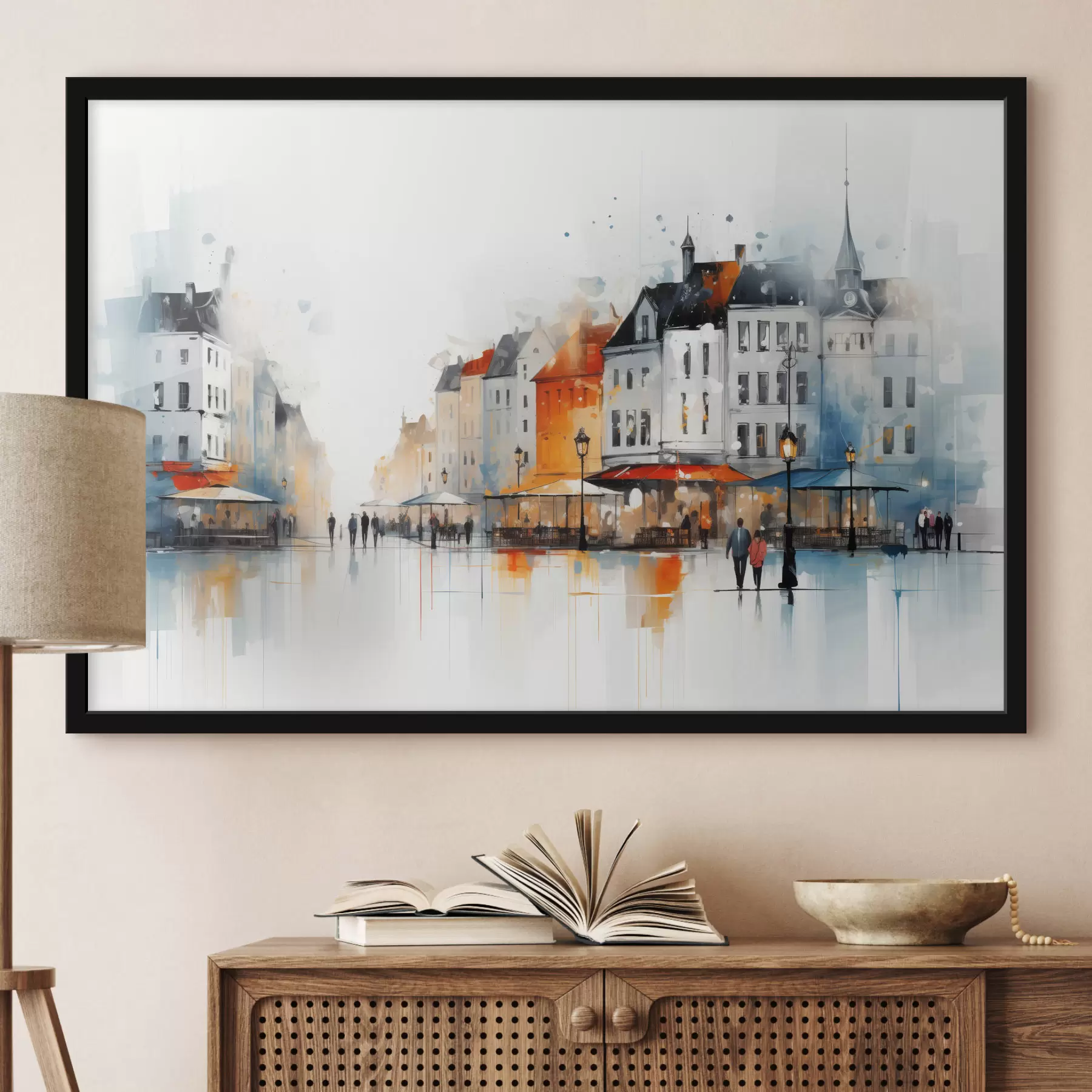 Fotobehang Straatbeeld met gebouwen en mensen in artistieke stijl f45050