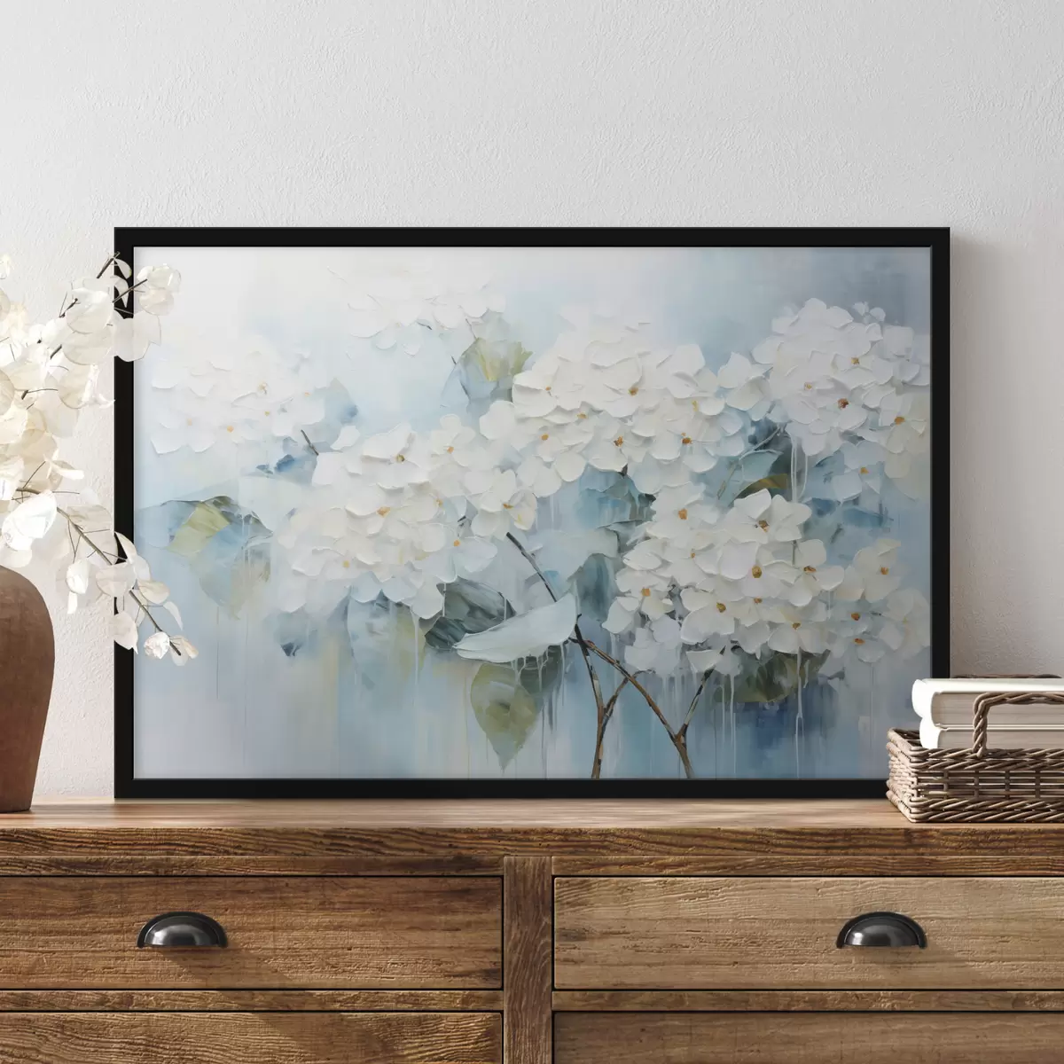 Poster Bloeiende witte hortensia's in olieverfschilderijstijl f45051
