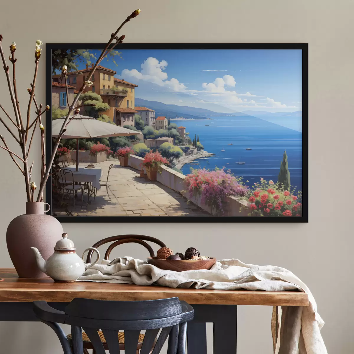 Poster Mediterraan landschap met bloeiend terras in artistieke stijl f45053