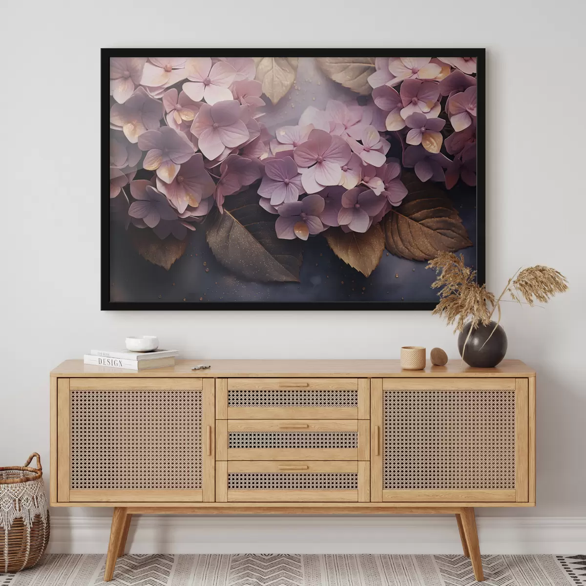 Poster Weelderige roze hortensia's op een donkere achtergrond in schilderstijl f45054