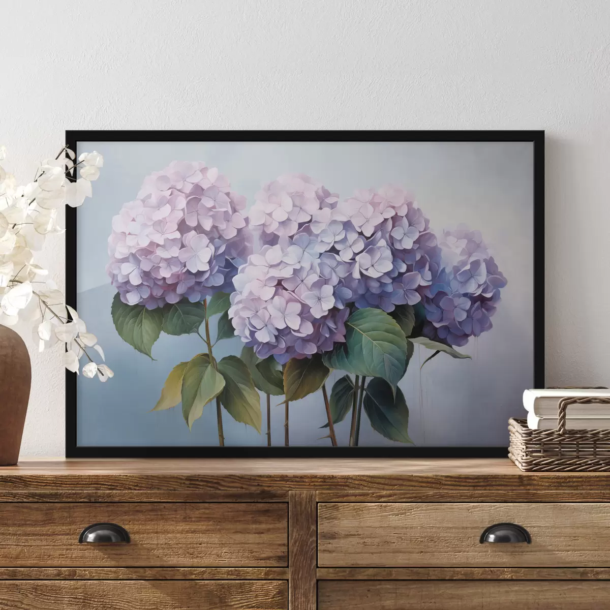 Poster Roze en lila hortensia's in schilderachtige stijl f45055