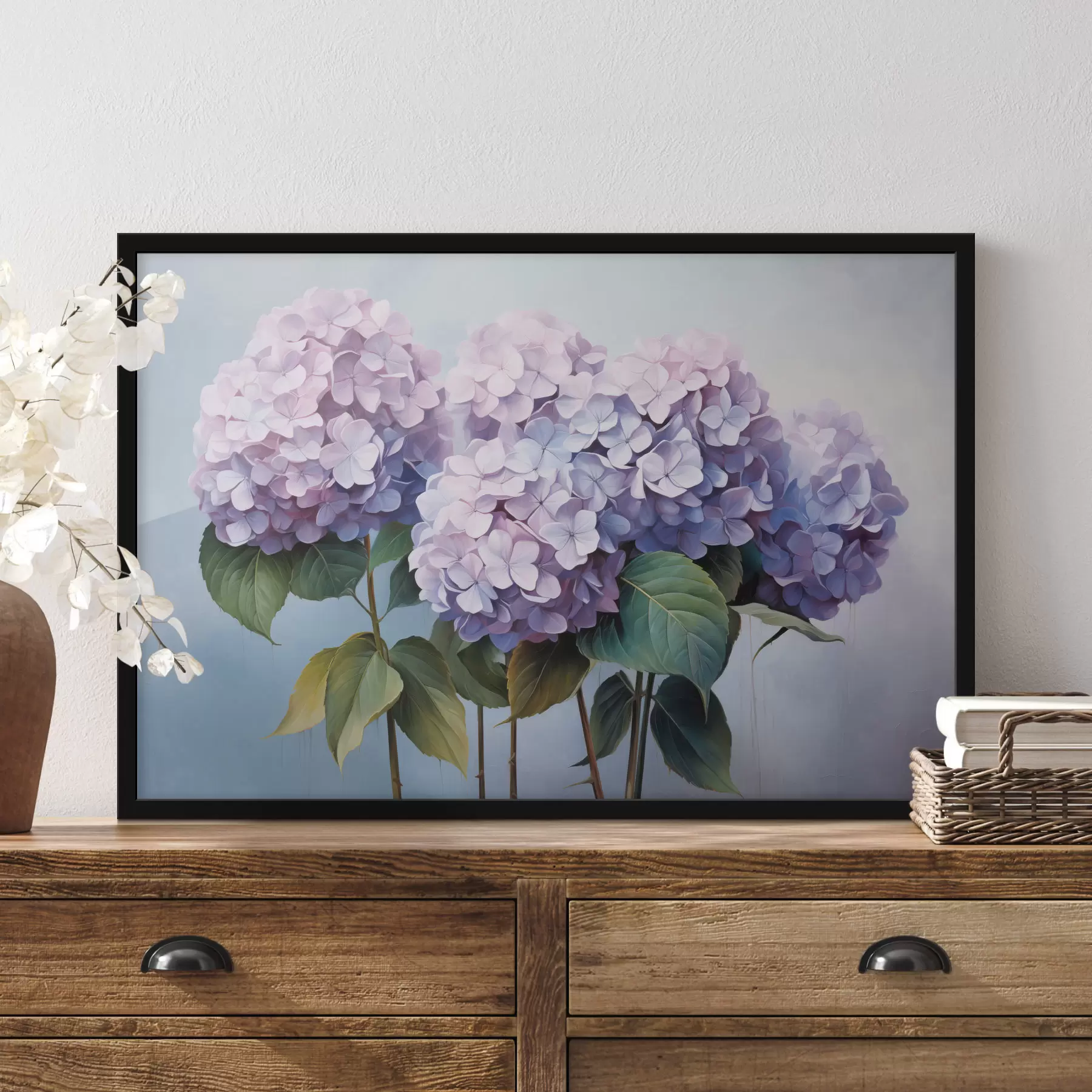 Fotobehang Roze en lila hortensia's in schilderachtige stijl f45055