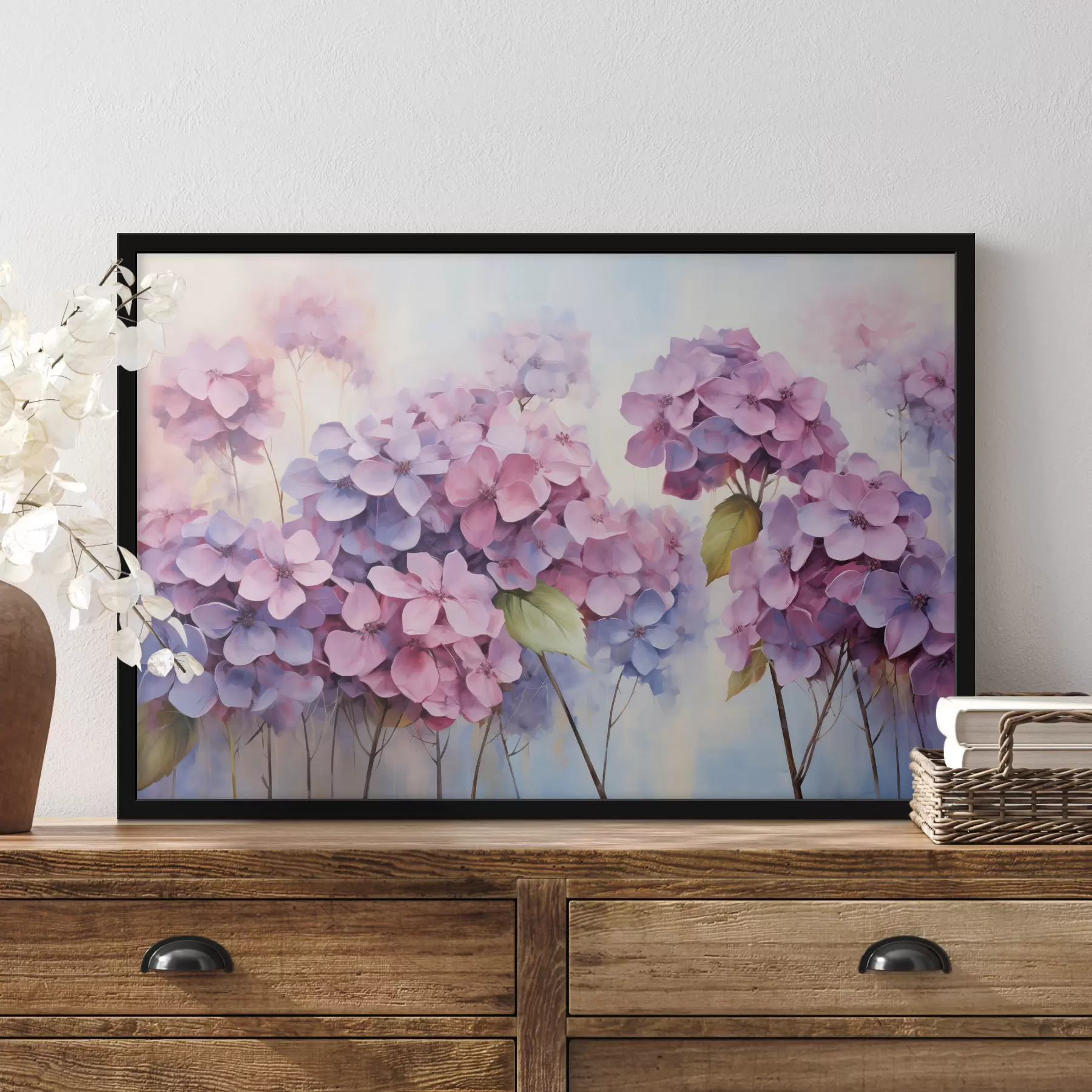 Fotobehang Veld met delicate hortensia's in pasteltinten f45057
