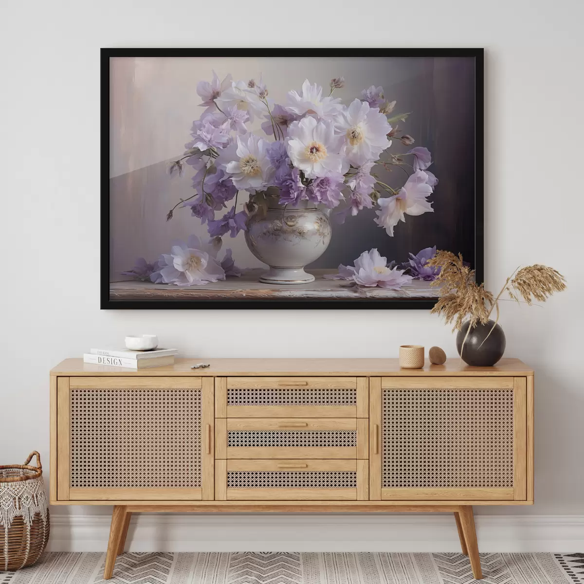 Poster Bloemstilleven: witte en paarse bloemen in artistieke stijl f45058