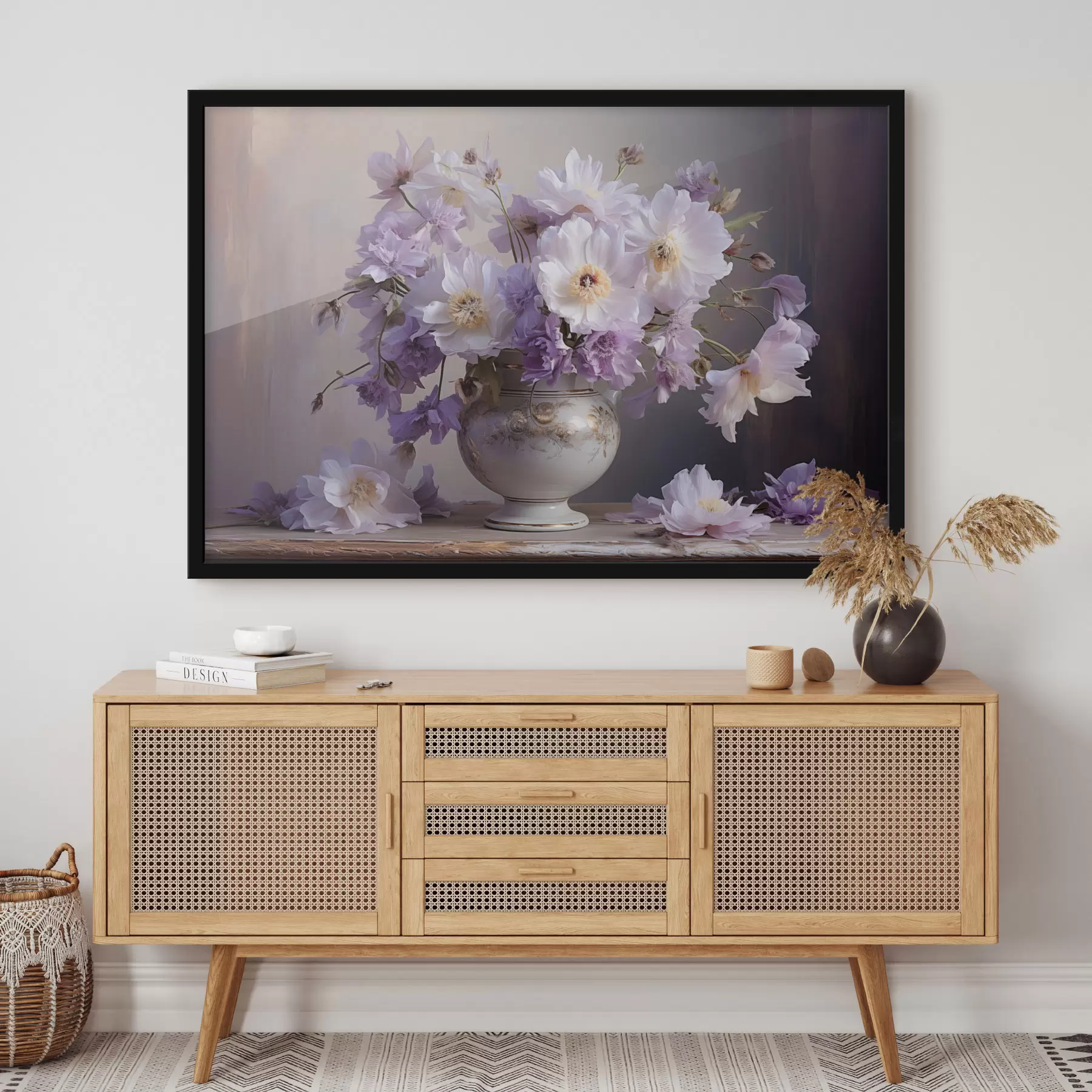 Fotobehang Bloemstilleven: witte en paarse bloemen in artistieke stijl f45058