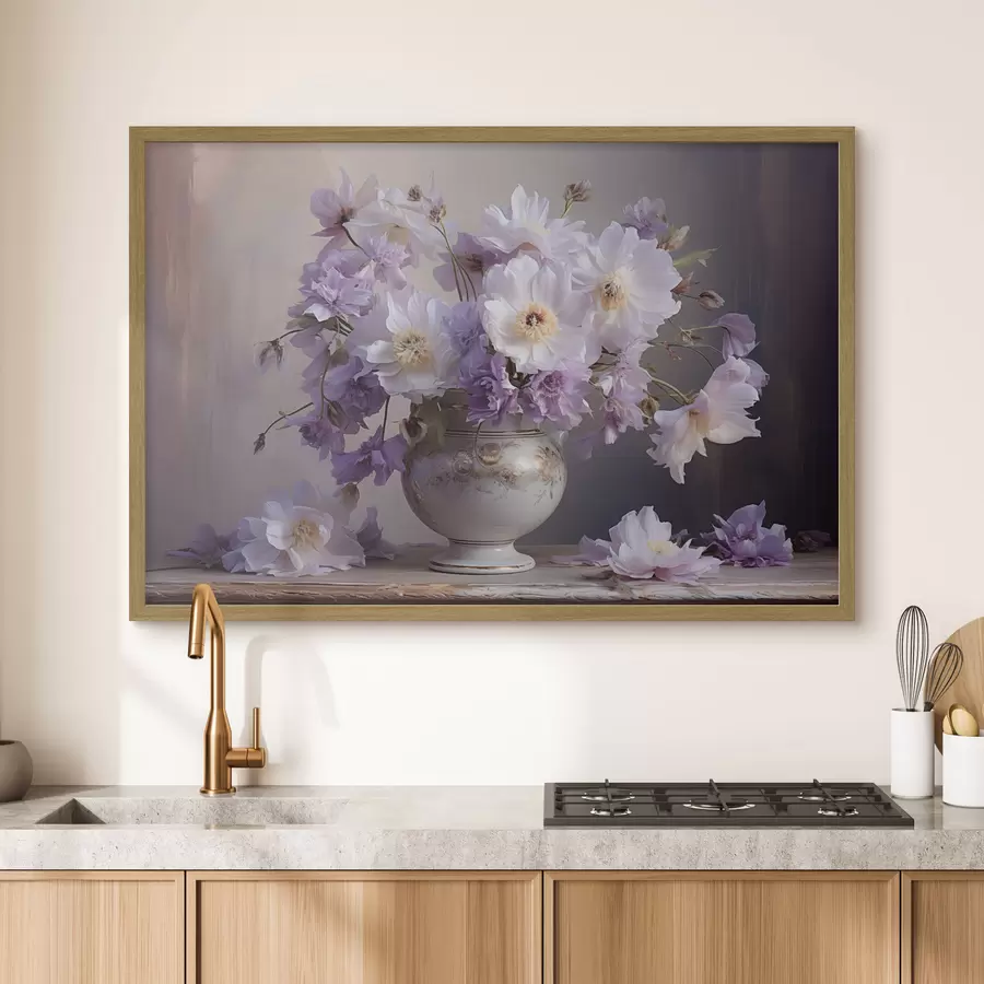 Fotobehang Bloemstilleven: witte en paarse bloemen in artistieke stijl f45058