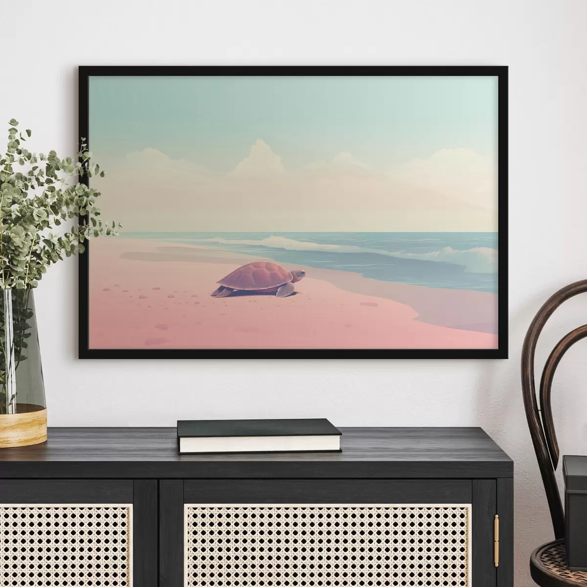 Poster Zeeschildpad op een roze strand: minimalistisch landschap f45059