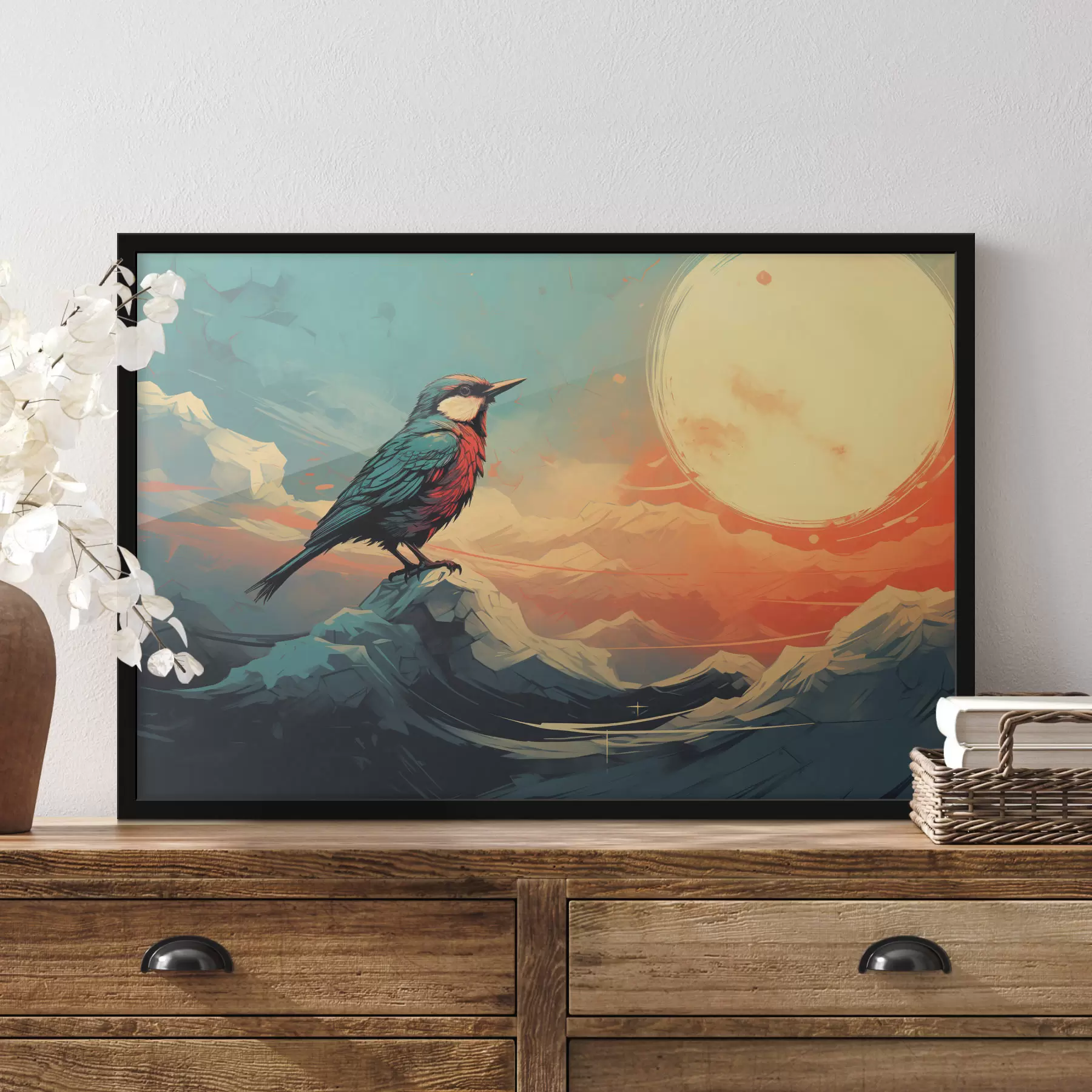 Fotobehang Artistiek landschap met vogel en levendige lucht f45060