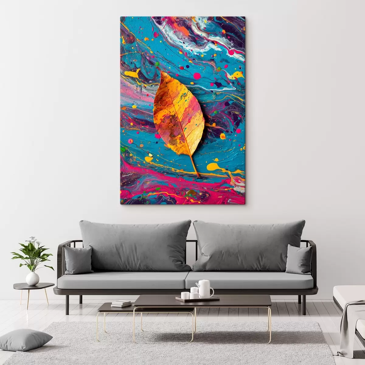  Schilderijen Helder blad op een kleurrijke achtergrond: abstracte compositie s45245
