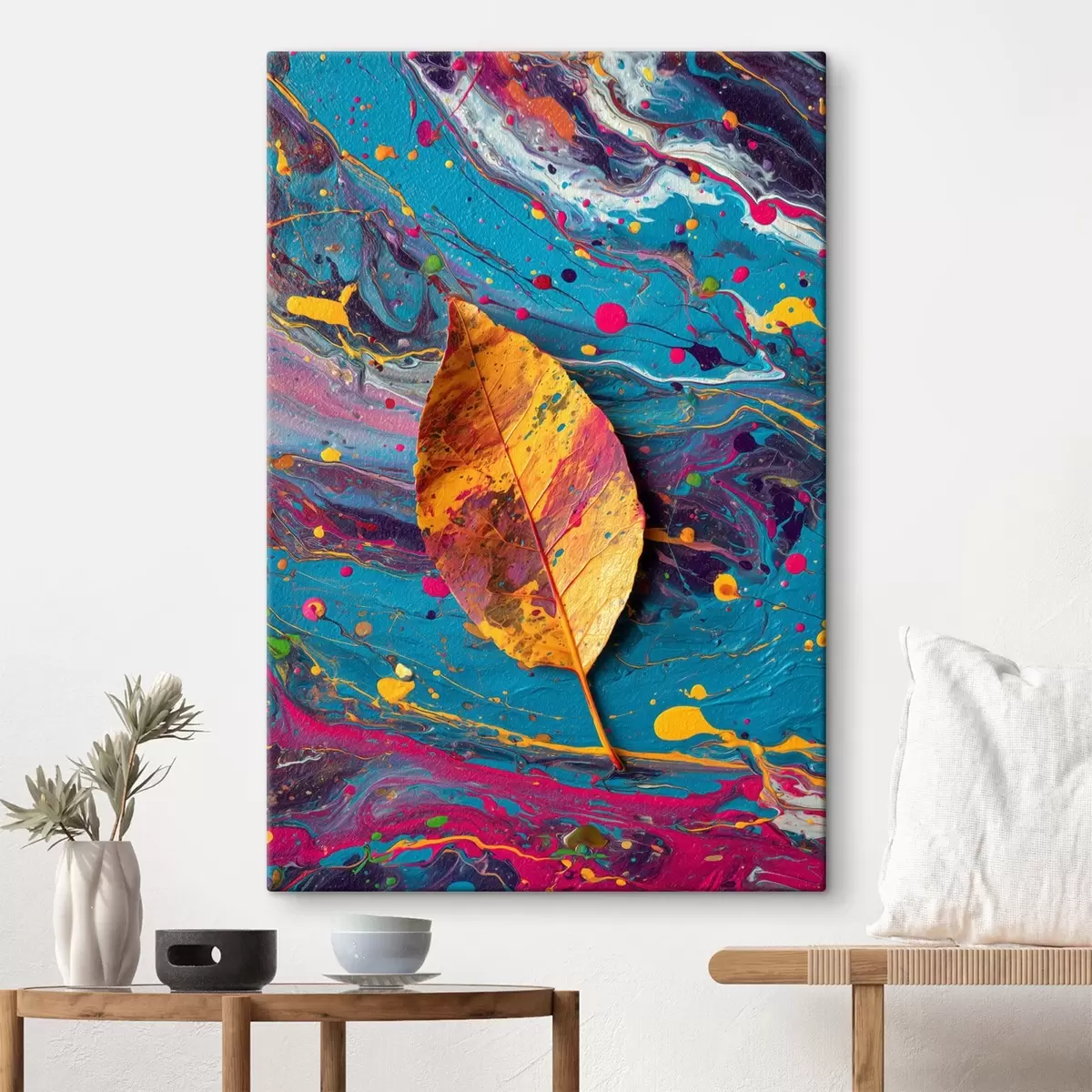  Schilderijen Helder blad op een kleurrijke achtergrond: abstracte compositie s45245