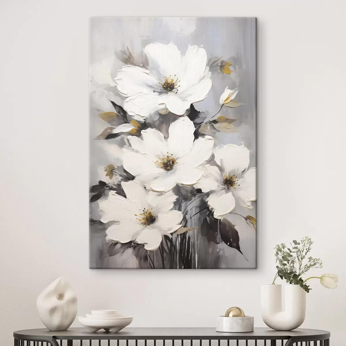  Schilderijen Witte bloemen: volumetrisch schilderij op grijze achtergrond s45252