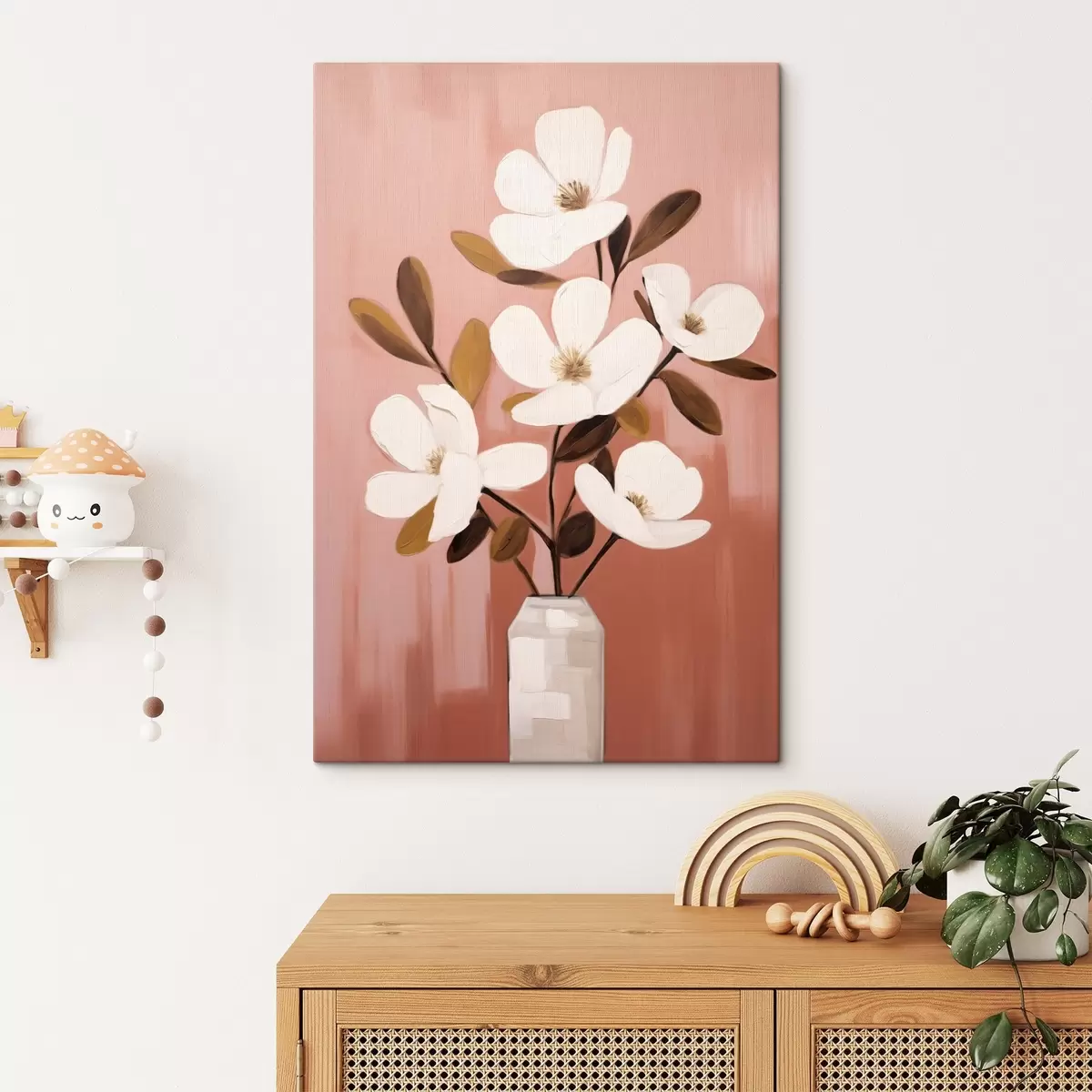  Schilderijen Witte magnolia's in een witte vaas: minimalistisch bloemenschilderij s45254