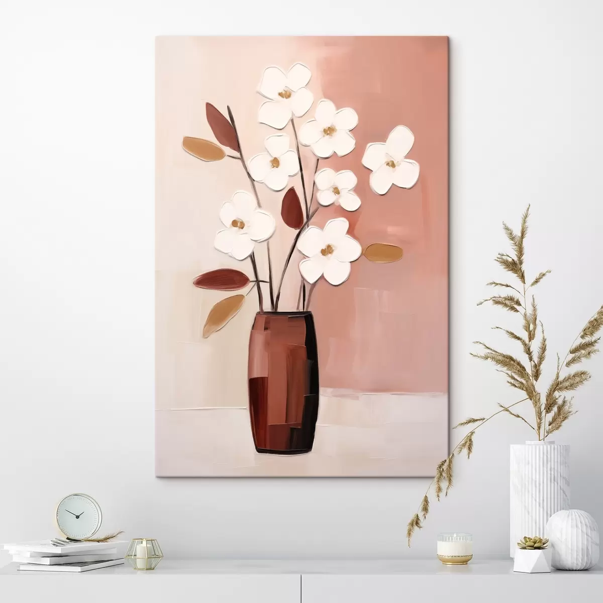  Schilderijen Witte bloemen in een donkere vaas: modern bloemenschilderij s45255
