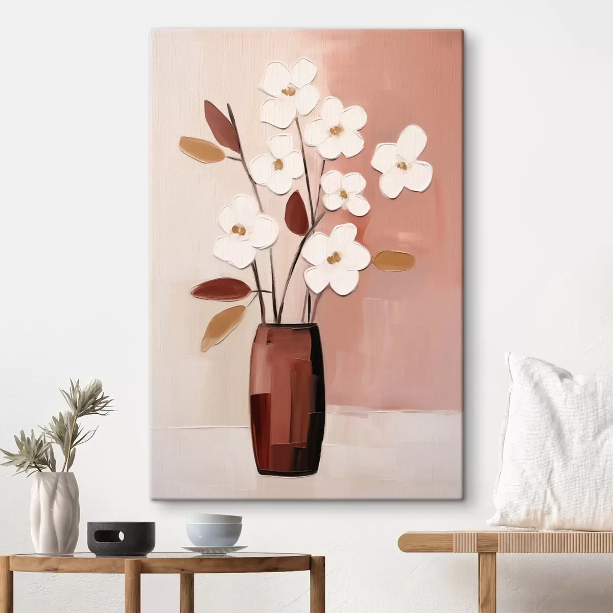  Schilderijen Witte bloemen in een donkere vaas: modern bloemenschilderij s45255