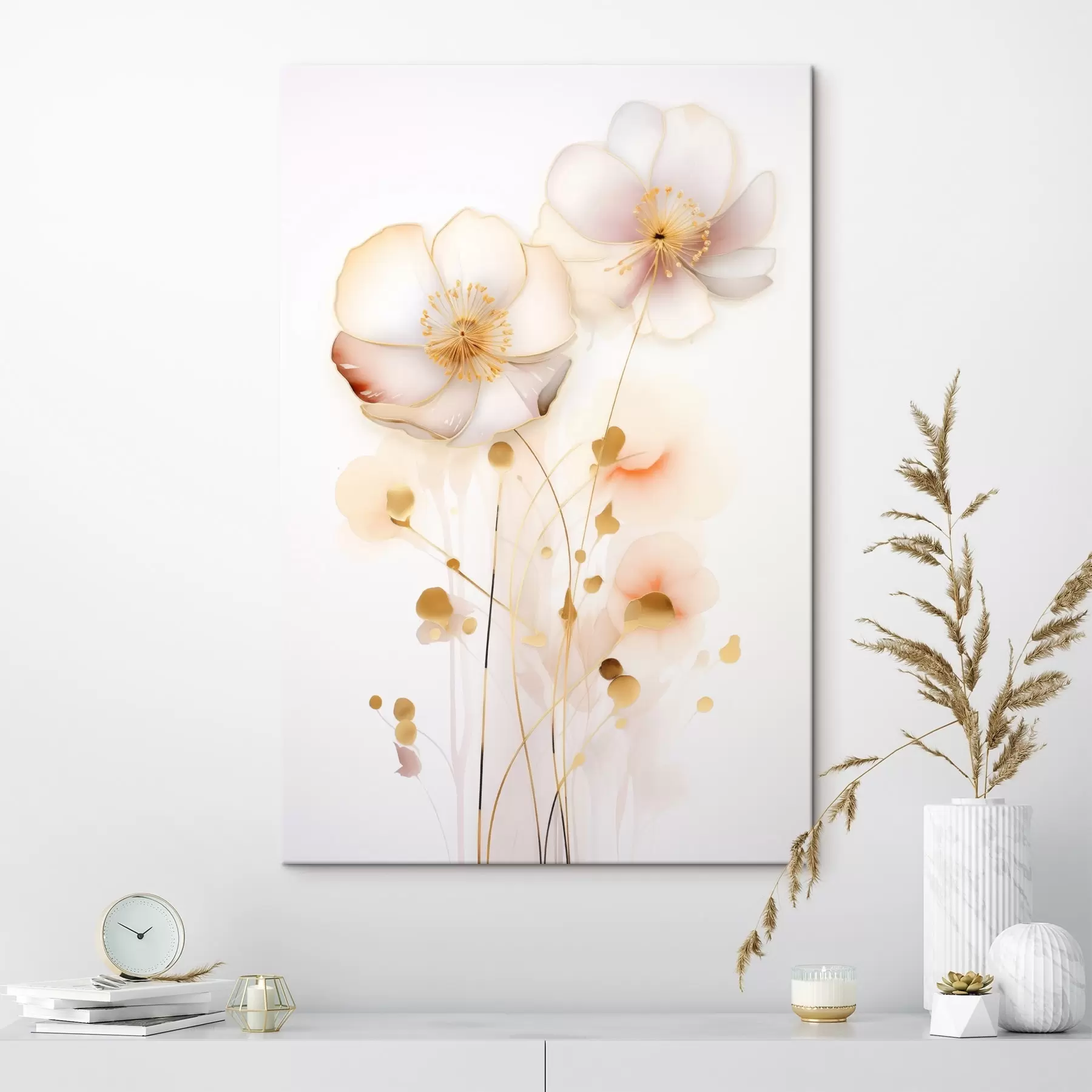  Schilderijen Delicate doorschijnende bloemen in pasteltinten op een witte achtergrond s45259