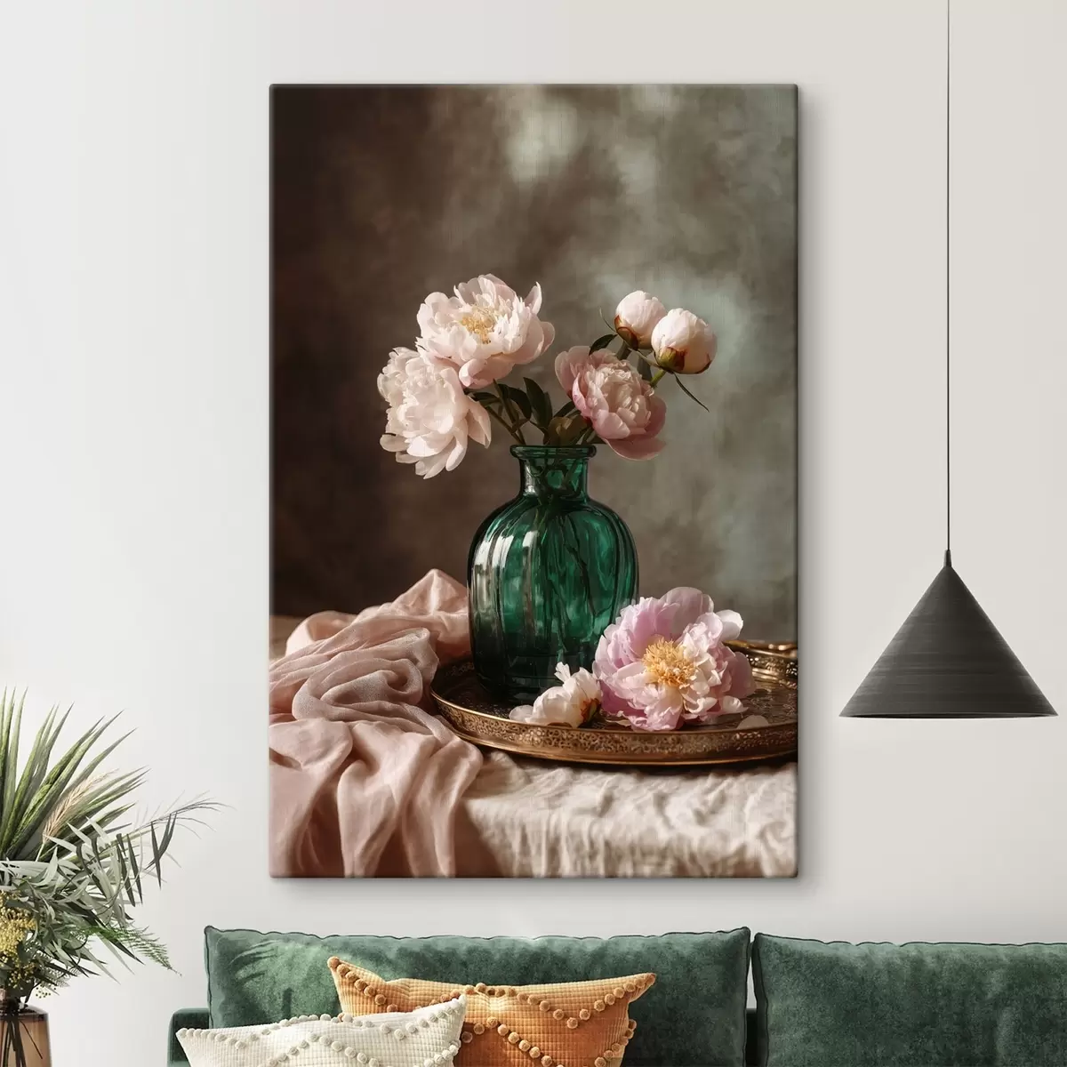  Schilderijen Delicate roze pioenrozen in een smaragdgroene vaas s45261