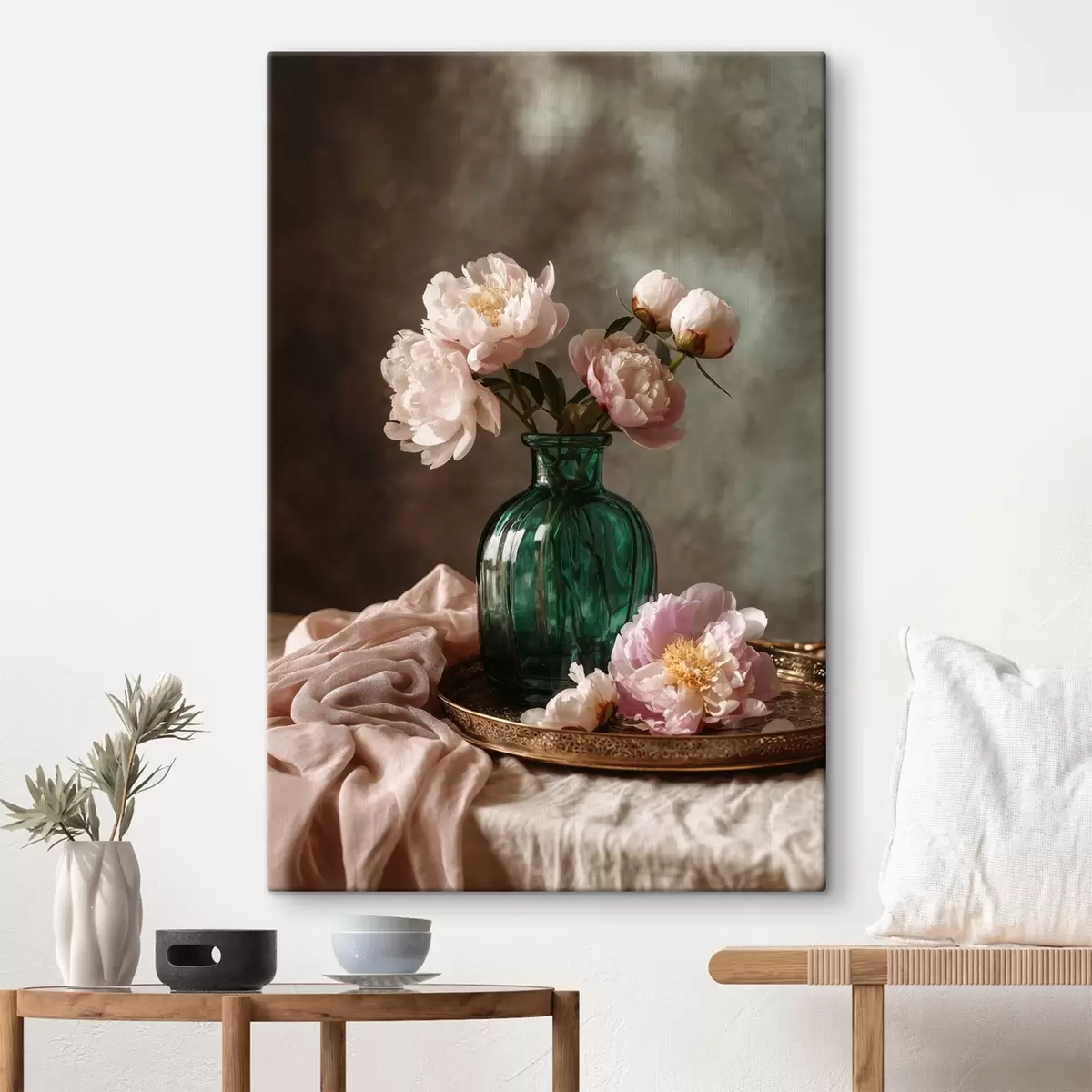  Schilderijen Delicate roze pioenrozen in een smaragdgroene vaas s45261