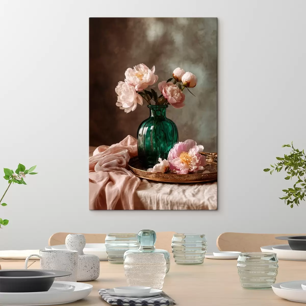  Schilderijen Delicate roze pioenrozen in een smaragdgroene vaas s45261