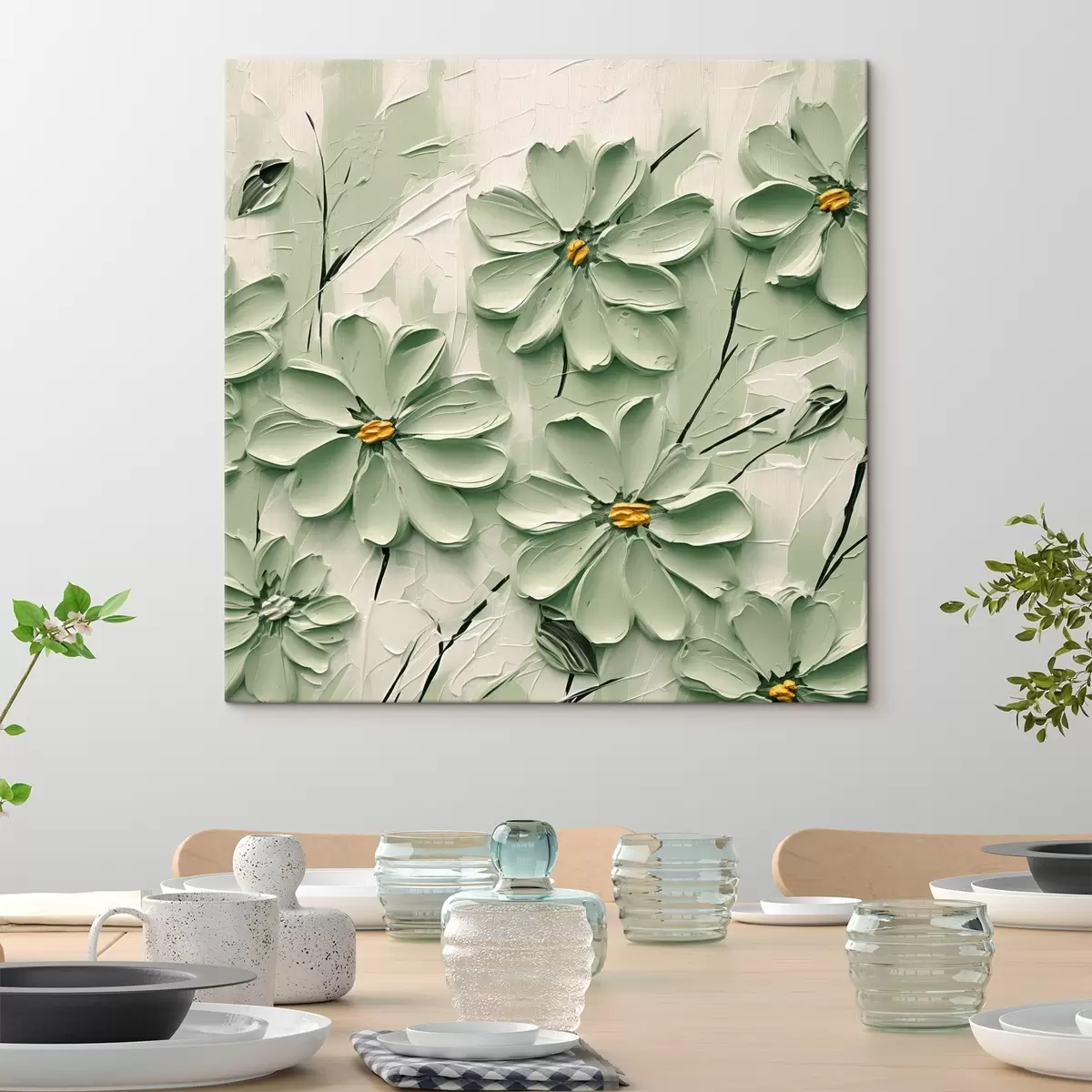  Schilderijen Groene bloemen met gele harten geschilderd in dikke penseelstreken op een lichte achtergrond s45265