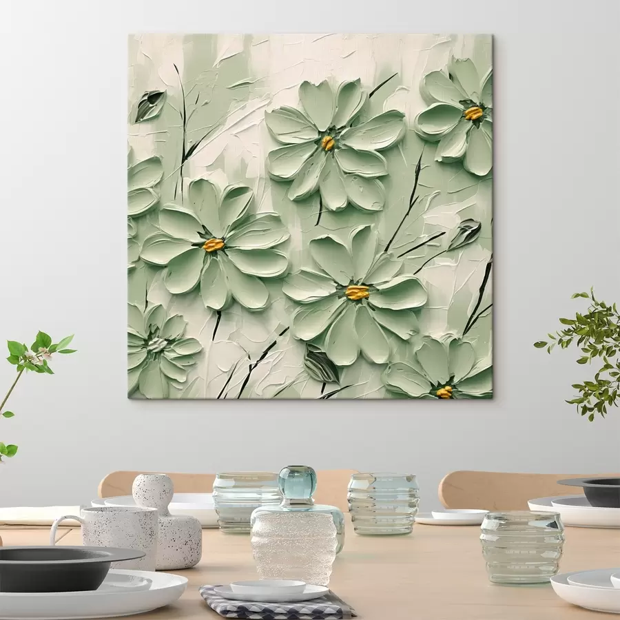  Schilderijen Groene bloemen met gele harten geschilderd in dikke penseelstreken op een lichte achtergrond s45265
