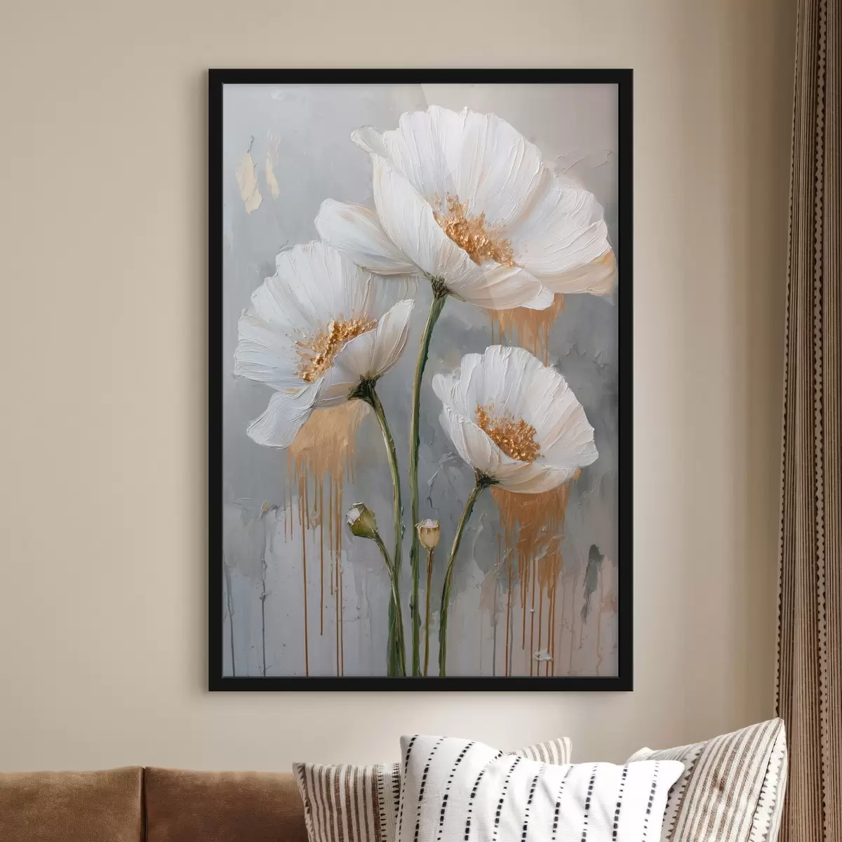 Poster Witte margrieten: volumetrisch schilderij op blauwe achtergrond f45240