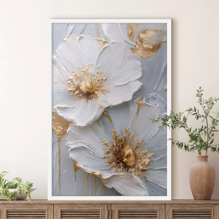 Fotobehang Gestructureerde madeliefjes: impasto kunst met expressieve penseelstreken f45241