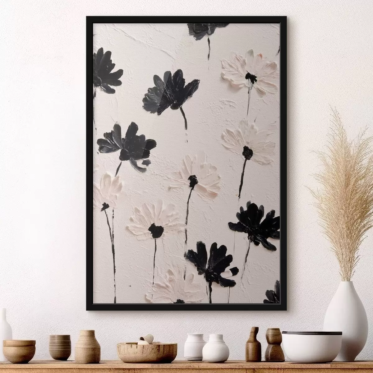 Poster Volumetrische bloemen: impasto compositie in monochrome tinten f45247