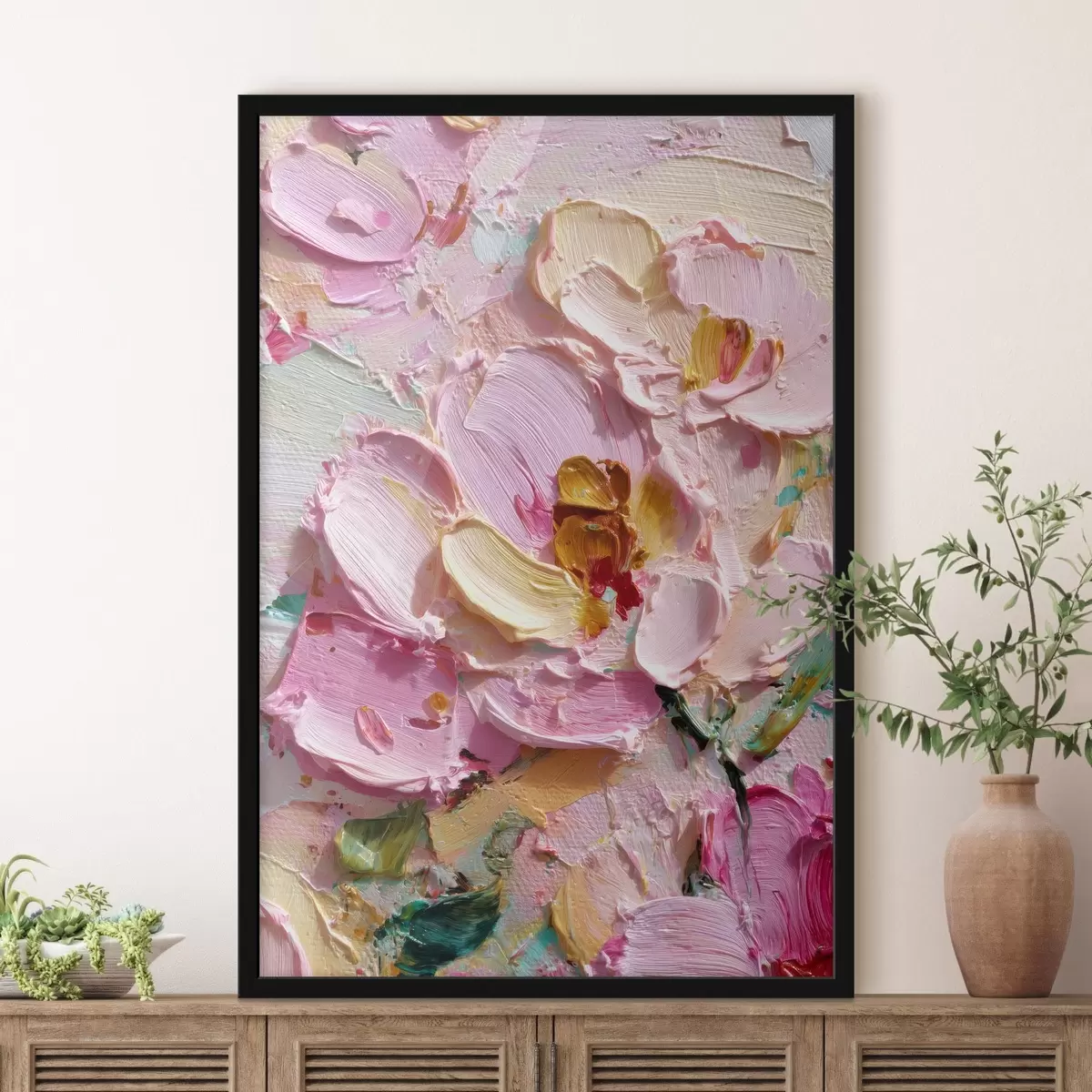 Poster Roze magnolia's: structuurschilderij met dimensionale streken f45249