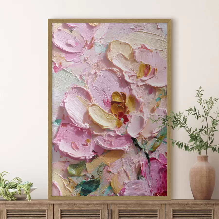 Fotobehang Roze magnolia's: structuurschilderij met dimensionale streken f45249