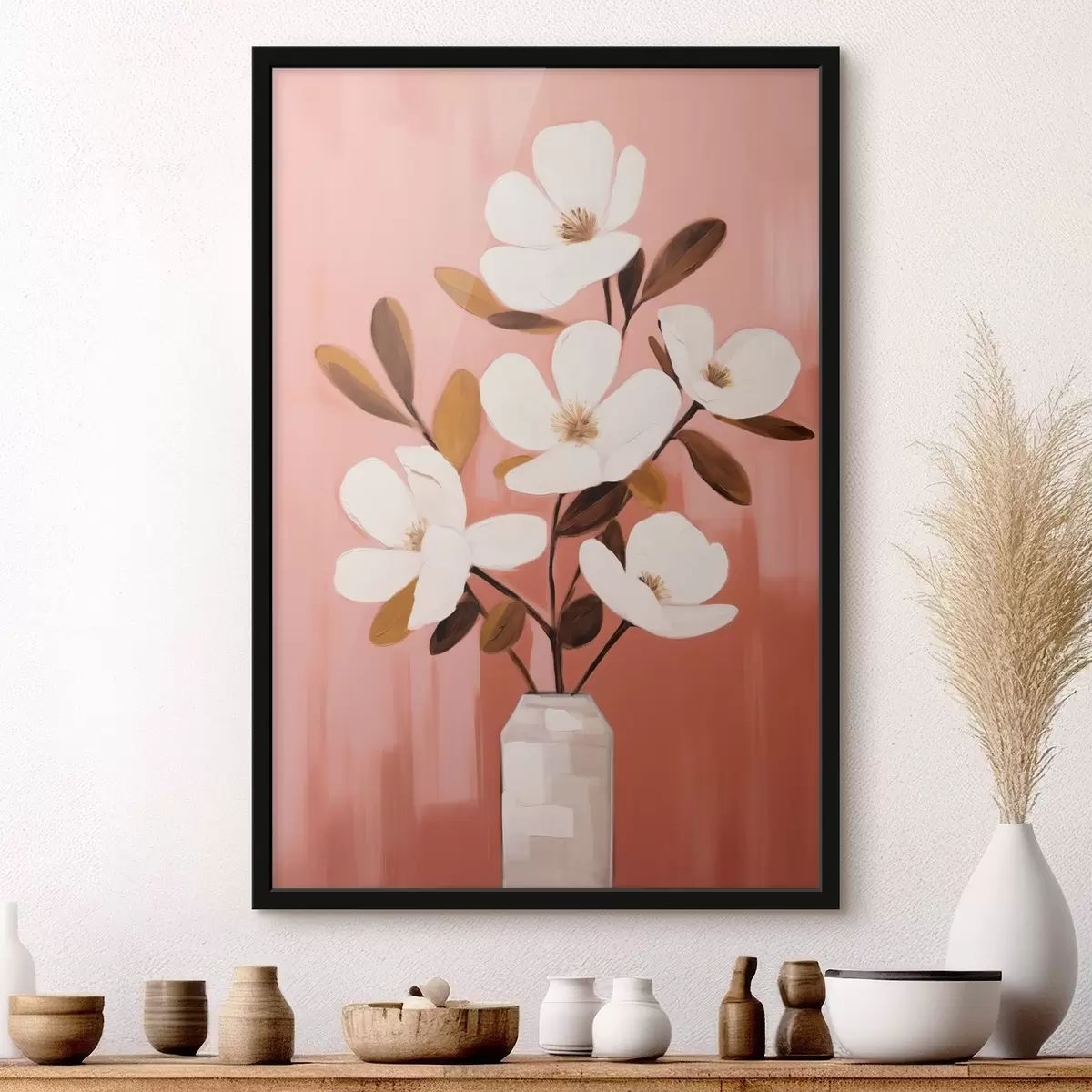 Poster Witte magnolia's in een witte vaas: minimalistisch bloemenschilderij f45254
