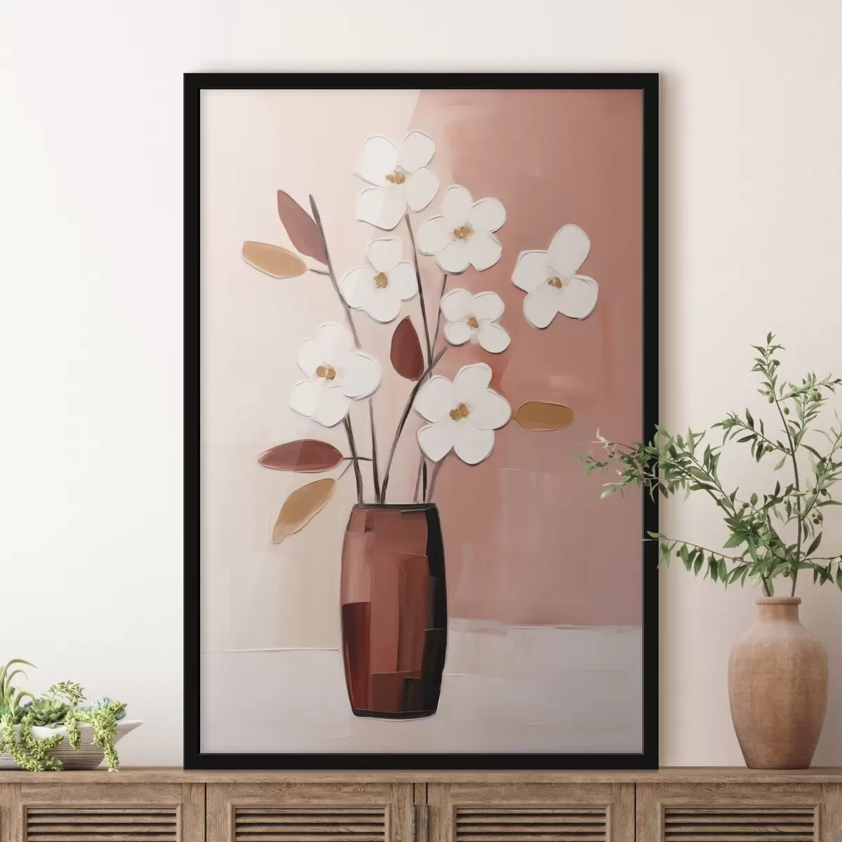 Poster Witte bloemen in een donkere vaas: modern bloemenschilderij f45255