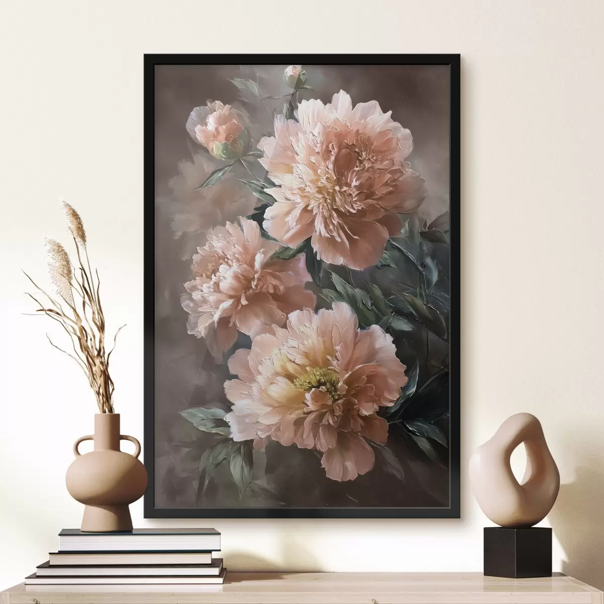 Poster Boeket van roze pioenrozen met vette strepen op een donkere achtergrond f45260