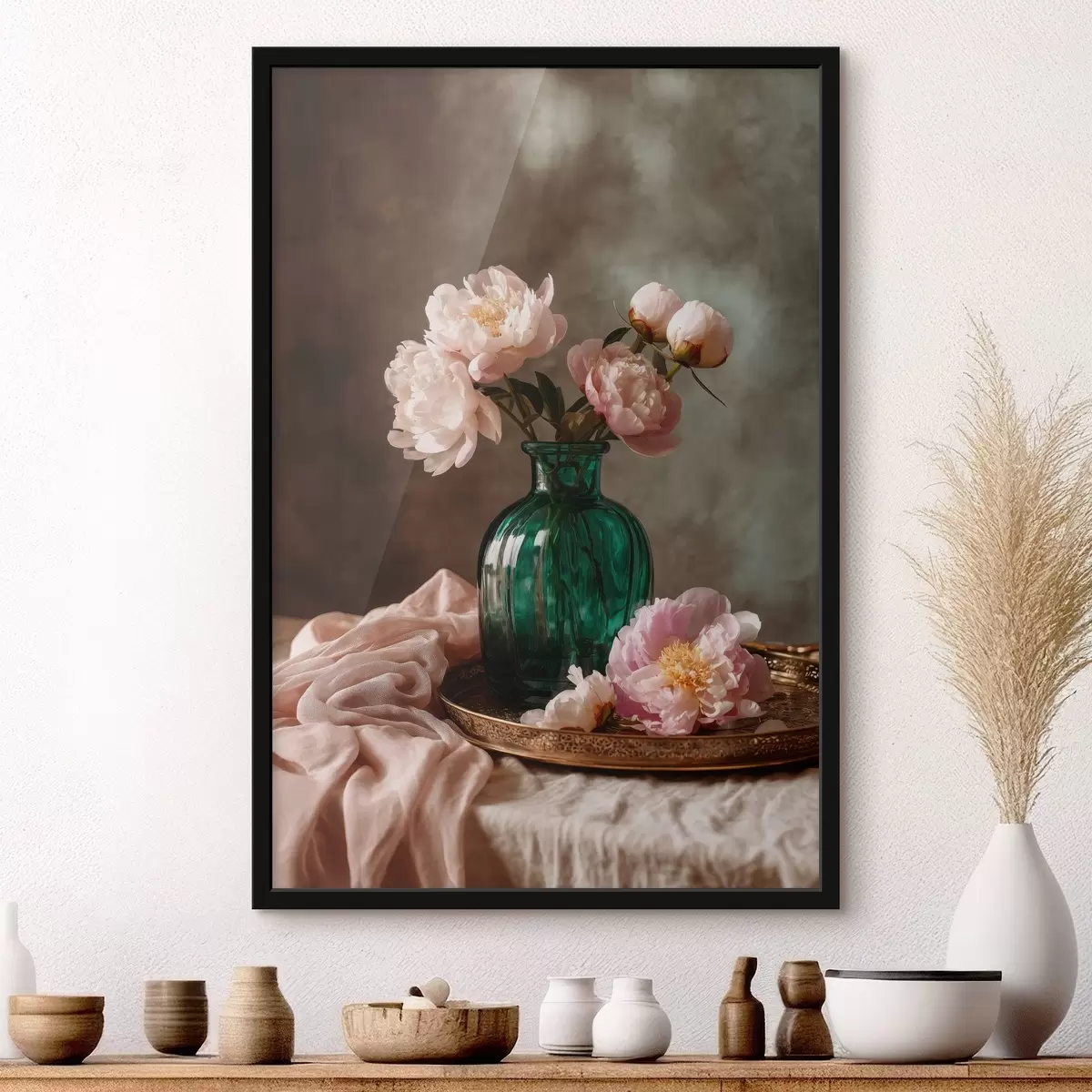 Poster Delicate roze pioenrozen in een smaragdgroene vaas f45261