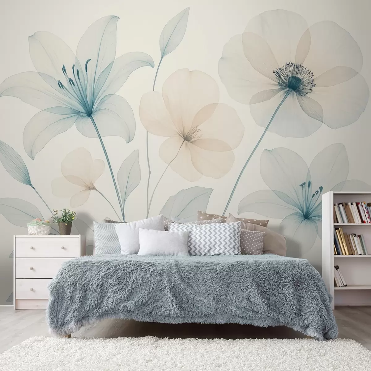 Fotobehang Delicate bloemen in pastelblauw en crème aquarelstijl w09287