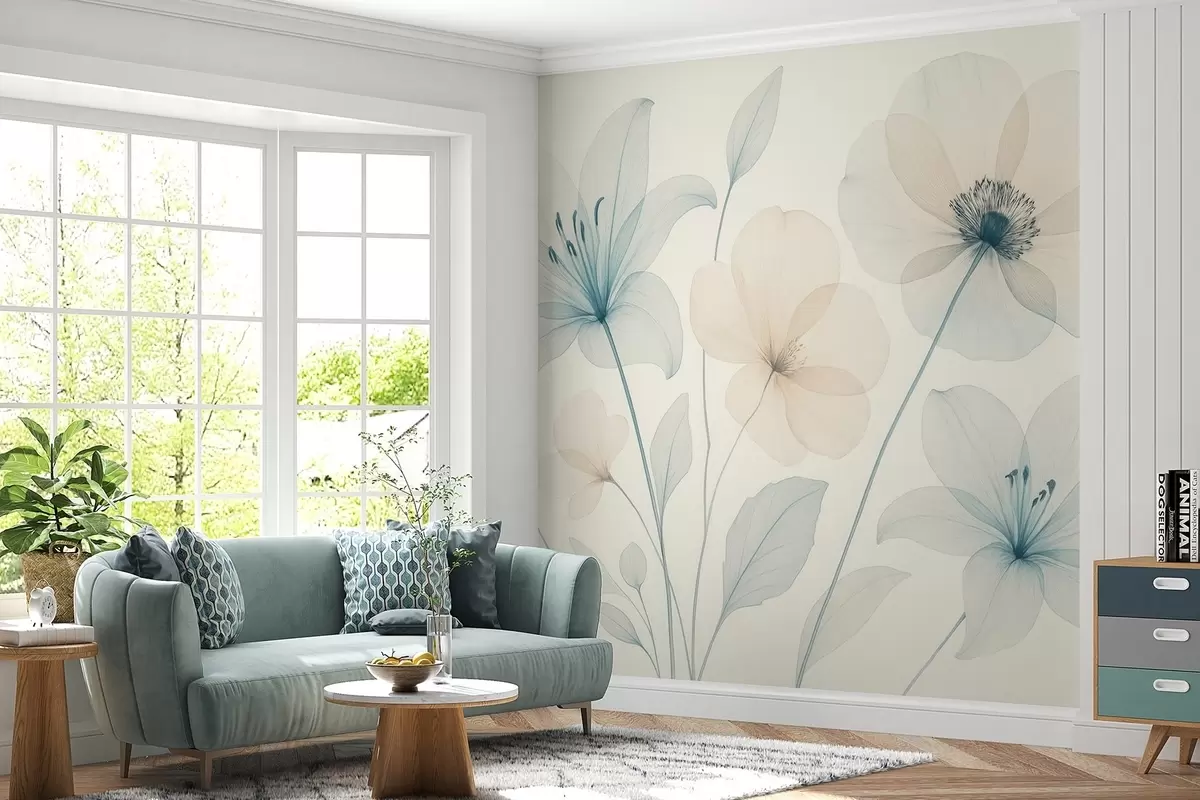 Fotobehang Delicate bloemen in pastelblauw en crème aquarelstijl w09287