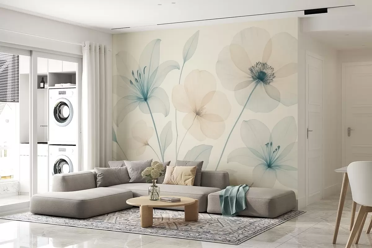 Fotobehang Delicate bloemen in pastelblauw en crème aquarelstijl w09287