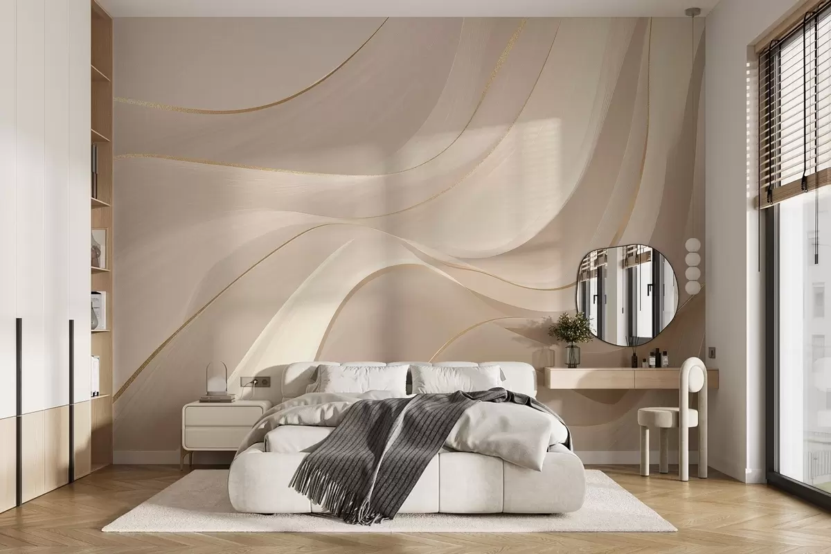 Fotobehang Vloeiende golven met gele accenten in crèmekleurig licht w09303